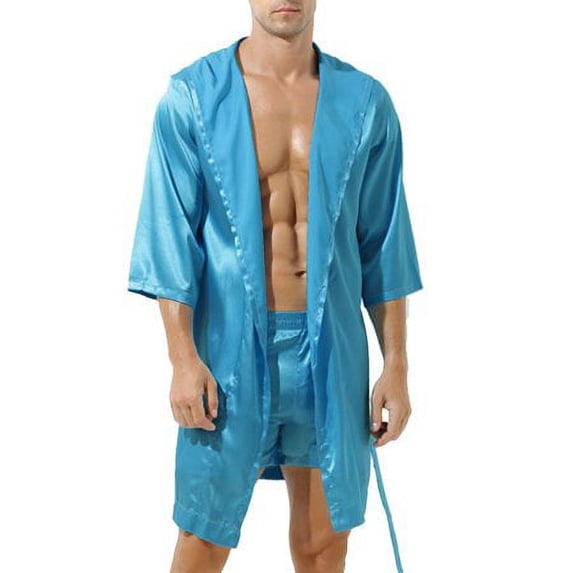 YIWEI Men Hooded Loose Satin Silk Bathrobe Pajamas Sleepwear Gown Bath Robe Nightwear Blue L