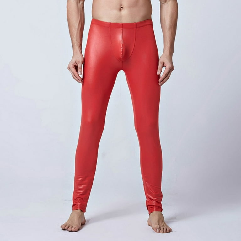 YIWEI Men Sexy Slim Wetlook PU Leather Pants Big Pouch Trousers Tight  Leggings Club Red XL 