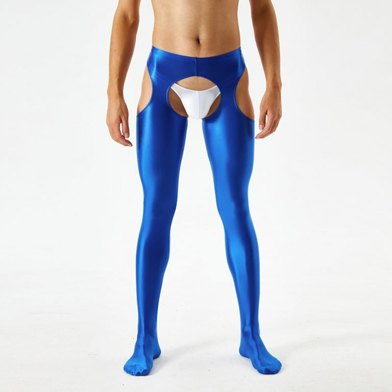 YIWEI Men Women Sexy Sheer Oil Shiny Glossy Wet Hollow Tights Leggings Pants  Pantyhose Blue XL 