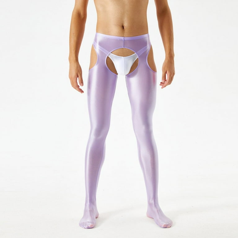 YIWEI Men Women Sexy Sheer Oil Shiny Glossy Wet Hollow Tights Leggings Pants  Pantyhose Purple L 
