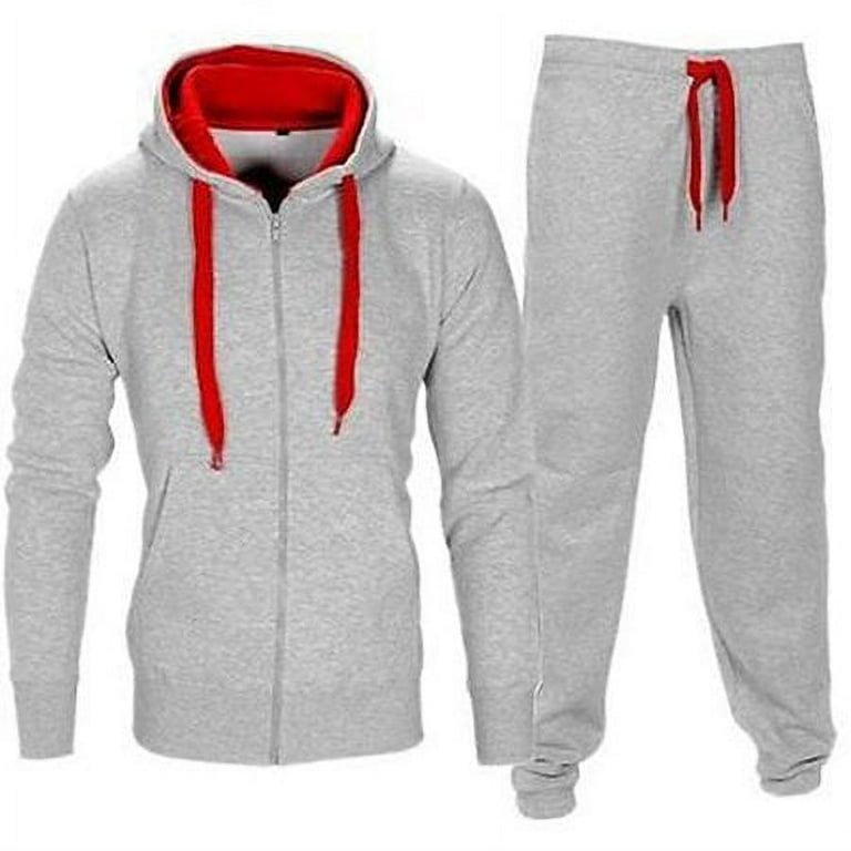 YIWEI Mens Casual Full Tracksuit Set Hoodie Top Hooded Sweatshirt Joggers Bottoms Gym Light Gray Red L Men s Size Large
