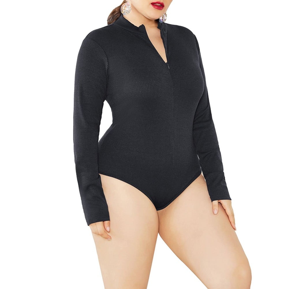 YIWEI Plus Size Women Turtleneck Bodysuit Knit Top Long Sleeve Slimt-Shirt  Sweater Black XL 