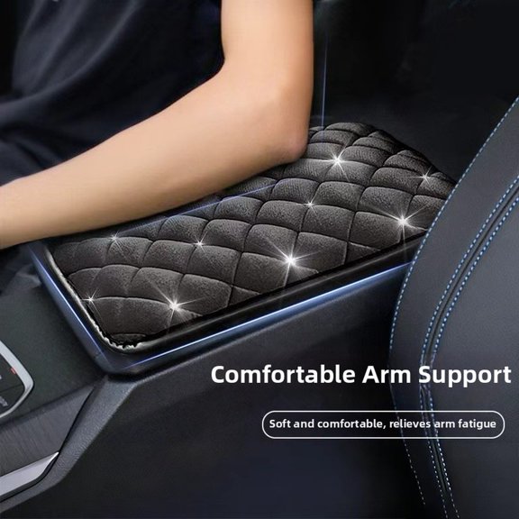 YIWEI Plush Car Armrest Cover With Diamond Decor, Soft Flannel Center Console Pad for Winter, Non-Slip Ergonomic Cushion With Elastic Straps, Universal Fit for Most Cars, Red