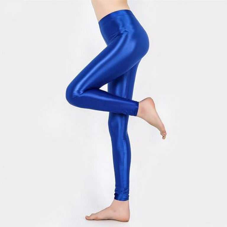 YIWEI Satin Oily Glossy Leggings Glitter Stockings Shiny Tights Wome High  Waist Yoga Blue L 