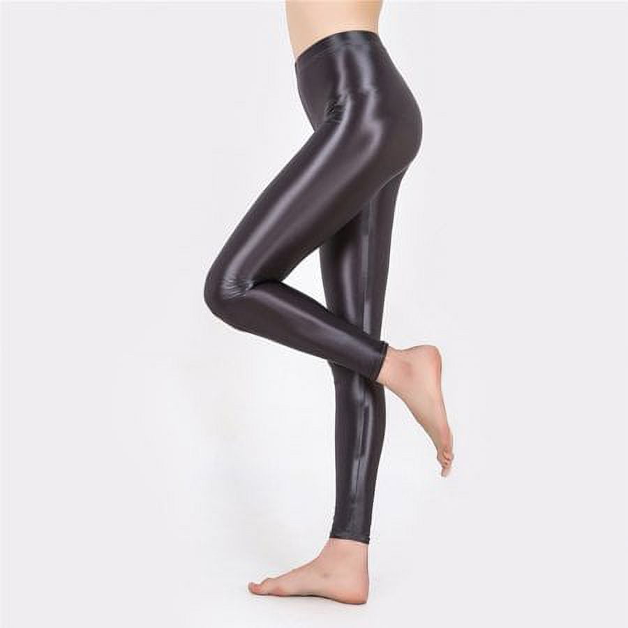 YIWEI Satin Oily Glossy Leggings Glitter Stockings Shiny Tights Wome High  Waist Yoga Black XL 