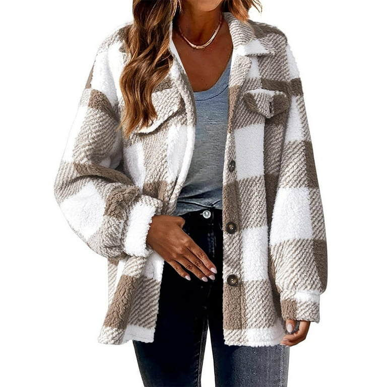 YIWEI Women Check Fleece Jacket Shacket Tops Ladies Plaid Shirt