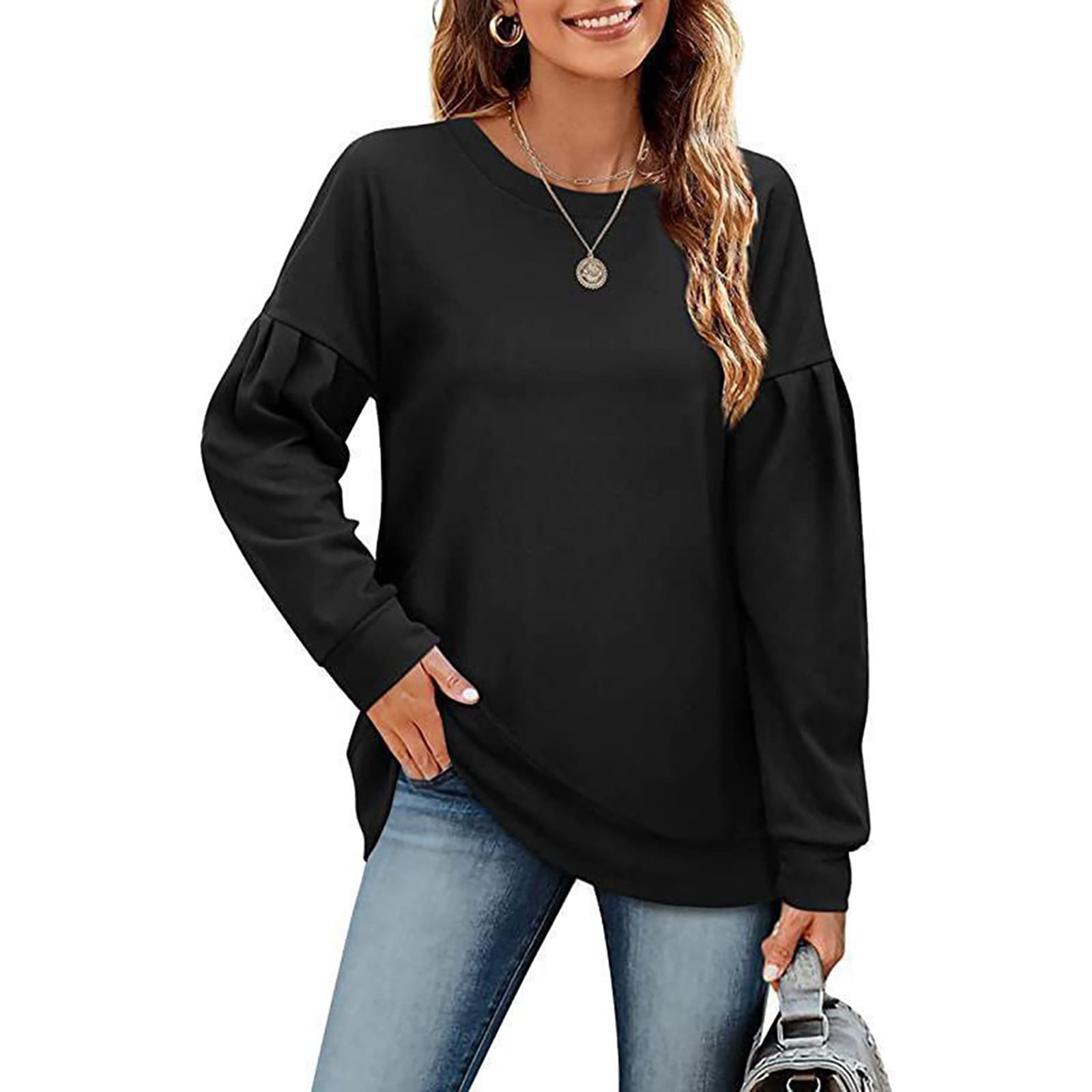 uhnmki Womens Tops Autumn and Winter Casual Fashion Round Neck Long Sleeve  Long T Shirt Top Pocket Women's Tunic Tops Black at  Women's Clothing  store