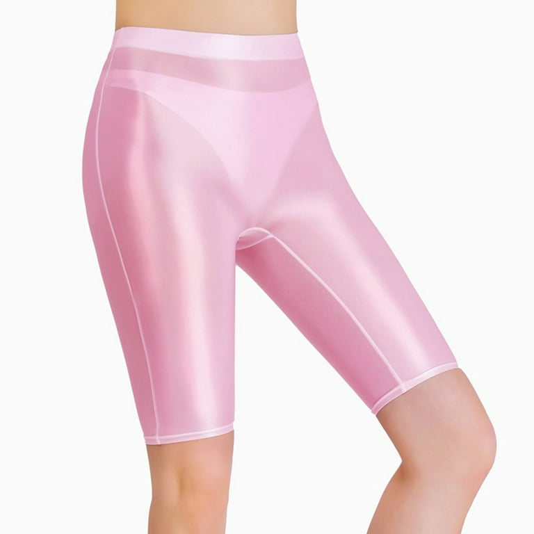 YIWEI Women Sexy Sheer Shiny Glossy Wet Soft Stretchy Oil Leggings Yoga  Shorts Pants Pink L 