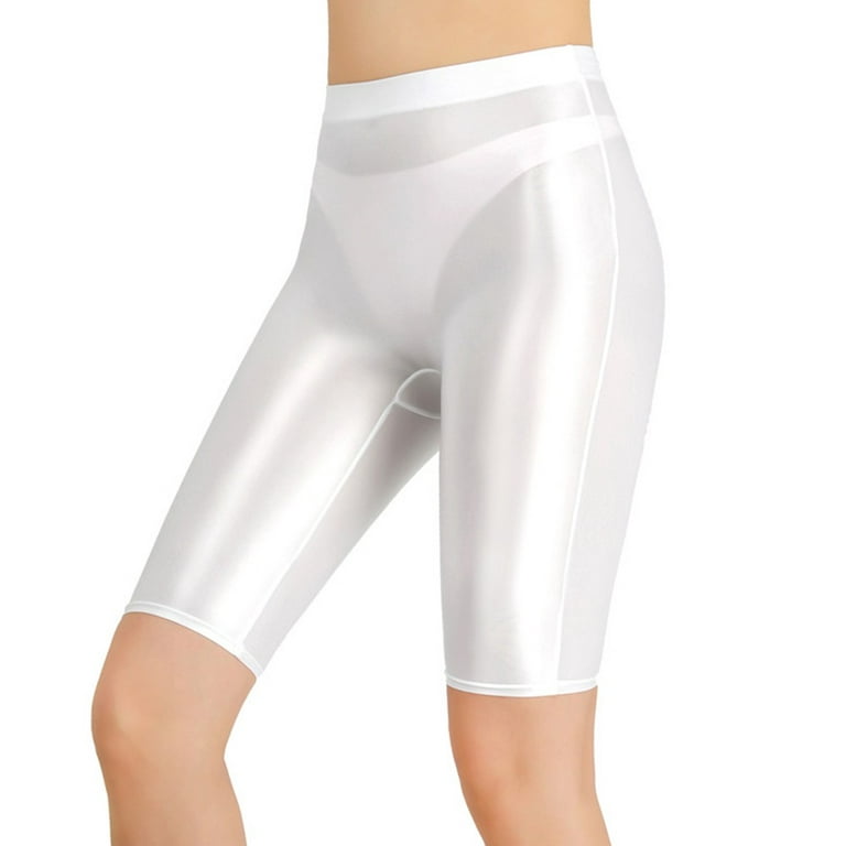 YIWEI Women Sexy Sheer Shiny Glossy Wet Soft Stretchy Oil Leggings Yoga  Shorts Pants White M 