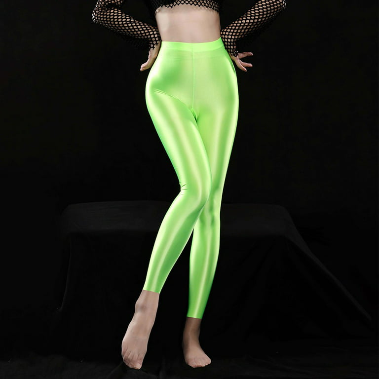 YIWEI Women Shiny Glossy Opaque Leggings Super Elastic Slim Trousers Yoga  Pants Green L 