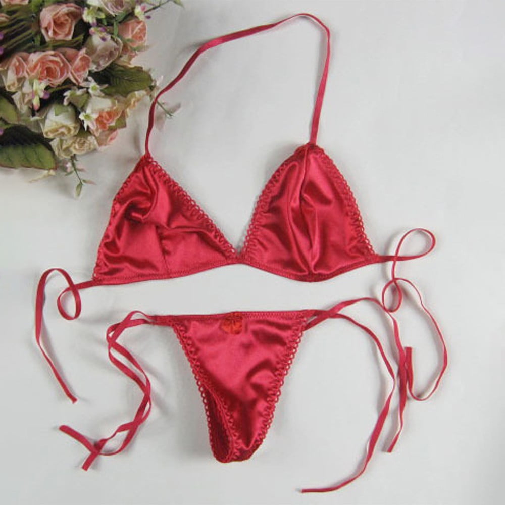 YIWEI Womens Satin Silk Thong Underwear Bra Panties T-Back Lace Up Lingerie  Red 