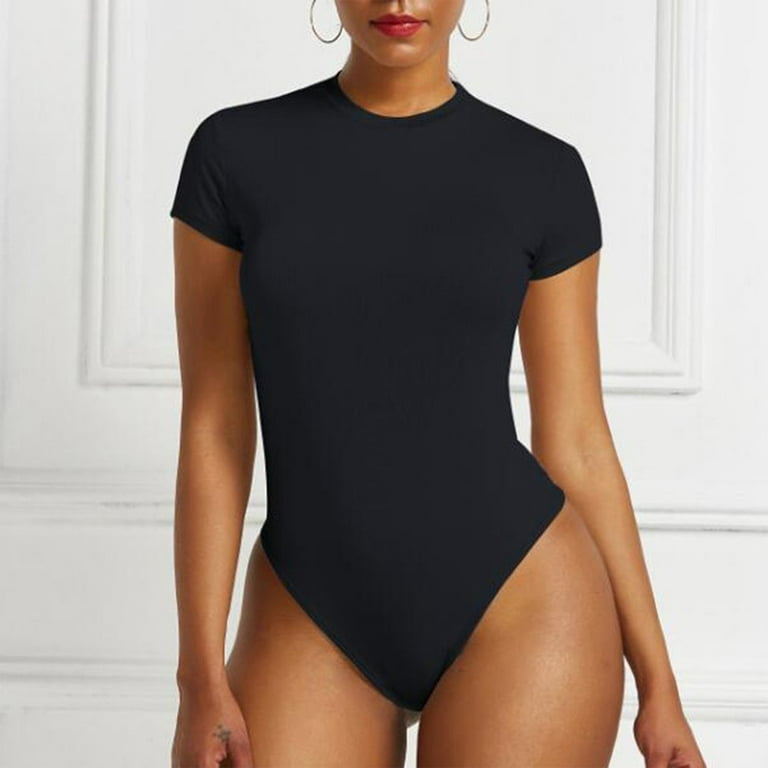 YIWEI Womens Thong Bodysuit Top Short Sleeve Solid Color High Cut Leotard  Basic Top Black M 