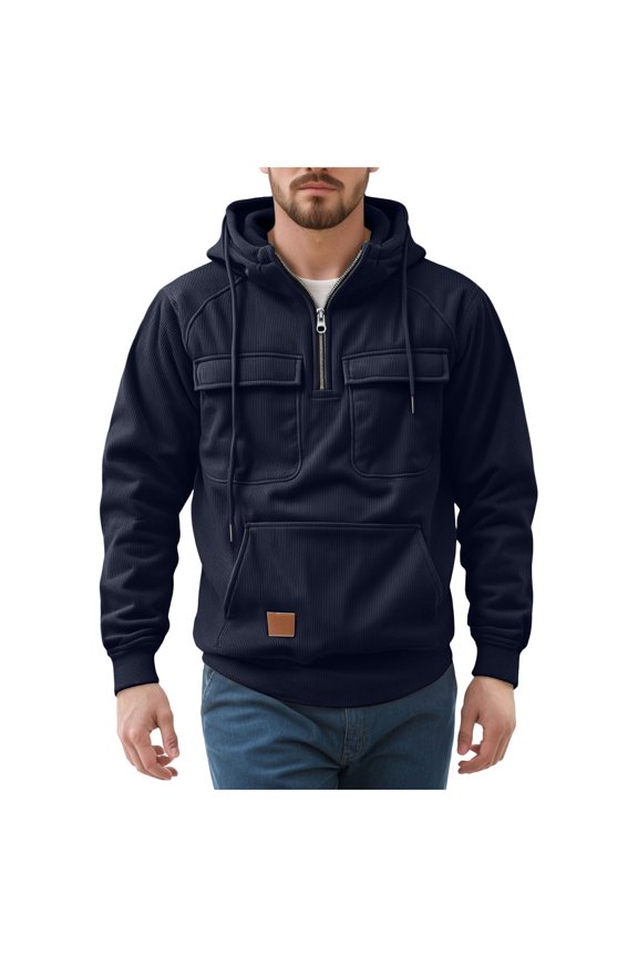 Hoodies for Men Quarter Zip Pullover Winter Cargo Hooded Sweatshirt Workout Outdoor Hoodies with Pockets(S,Navy)