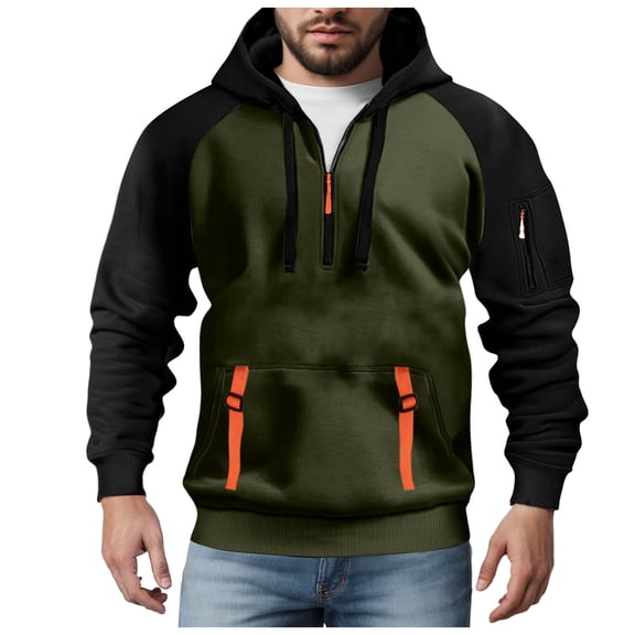 YIWULA Men's Quarter-Zip Tactical Hoodie, Fleece Pullover with Multi-Pockets, Long Sleeve Workout Sweatshirt, Fall & Winter Streetwear, Durable Fabric(S,AG)