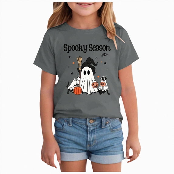 YIWULA Toddler Girls Thanksgiving Shirts Turkey Pumpkin T Shirt Cotton Short Sleeve Halloween Tops(5-6 Years,Grey)