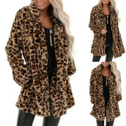 YIWULA Women's Leopard Faux Fur Pocket Fuzzy Warm Winter Oversized Outwear Long Coat