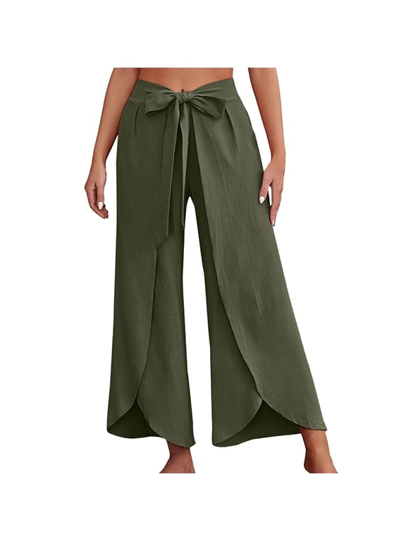 Women's Wide Leg Capri Pants Summer High Waisted Palazzo Trousers Drawstring Cropped Pants with Pockets(AG,S)
