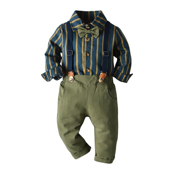 YIWULAToddler Baby Boy Suit Clothes Gentleman Wedding Outfits Long Sleeve Dress Shirt + Suspender Pants + Bowtie(12-18 Months,Green)