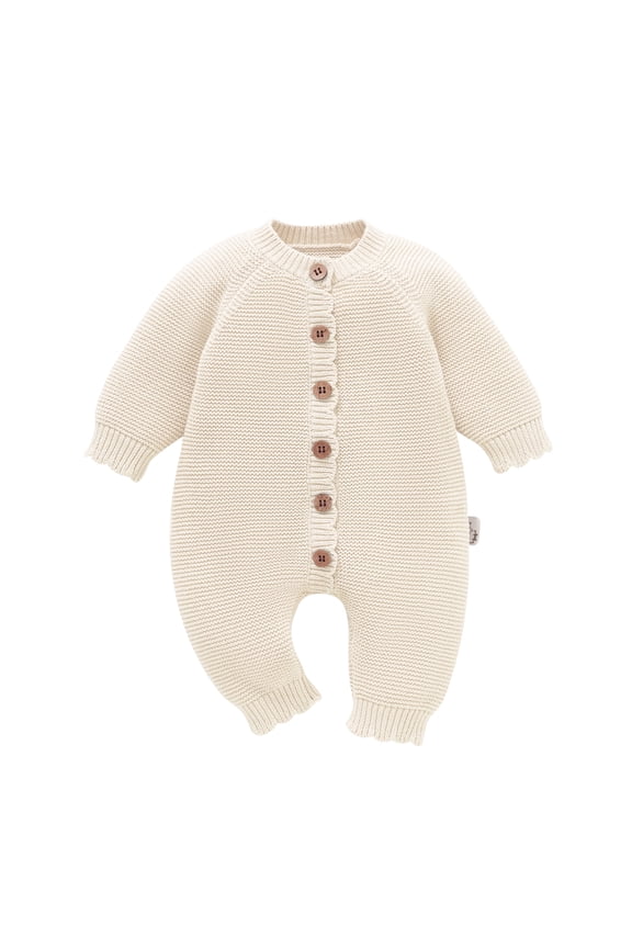 Baby Long Sleeve Knit Romper Neutral One-Piece Jumpsuit With Button Closure Soft Cotton Knit Outfit Beige 0-1 Months
