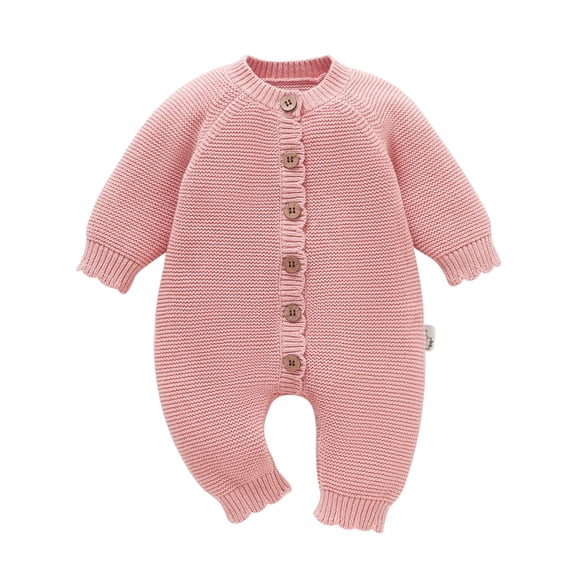 YIXPOH Baby Long Sleeve Knit Romper Neutral One-Piece Jumpsuit With Button Closure Soft Cotton Knit Outfit Pink 0-1 Months