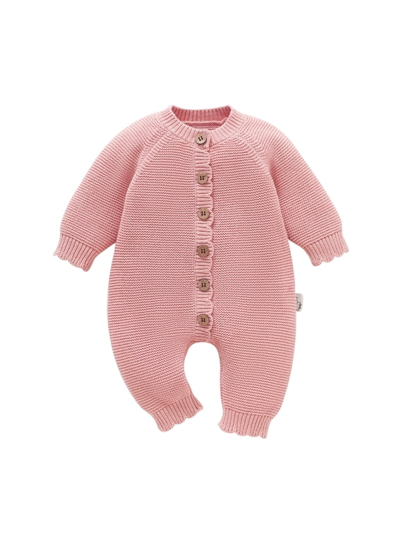 Baby Long Sleeve Knit Romper Neutral One-Piece Jumpsuit With Button Closure Soft Cotton Knit Outfit Pink 0-1 Months
