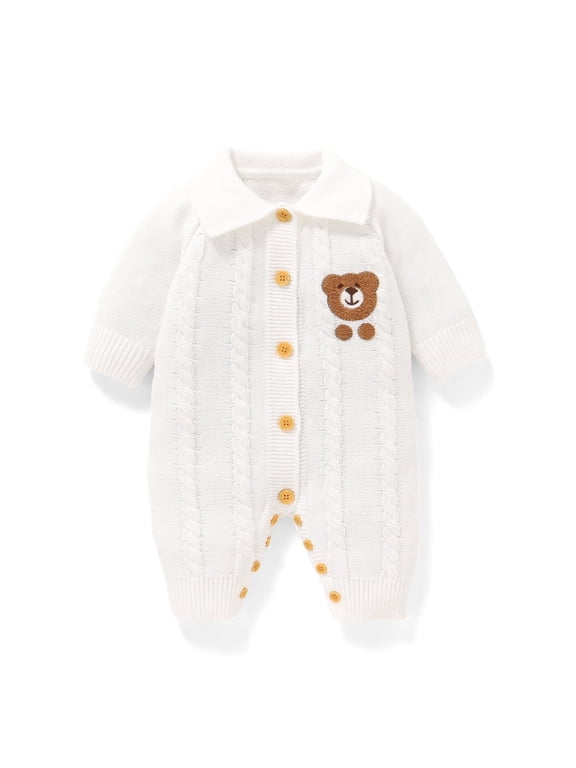 Newborn Baby Knit Romper Long Sleeve One Piece Bodysuit for Boys Girls Soft Breathable Knitwear 0-1 Months White