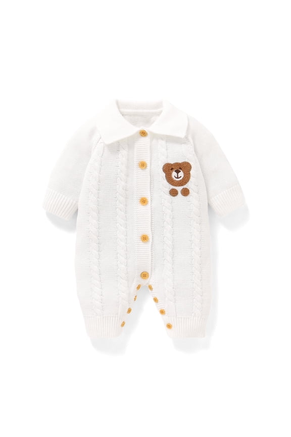 Newborn Baby Knit Romper Long Sleeve One Piece Bodysuit for Boys Girls Soft Breathable Knitwear 0-1 Months White