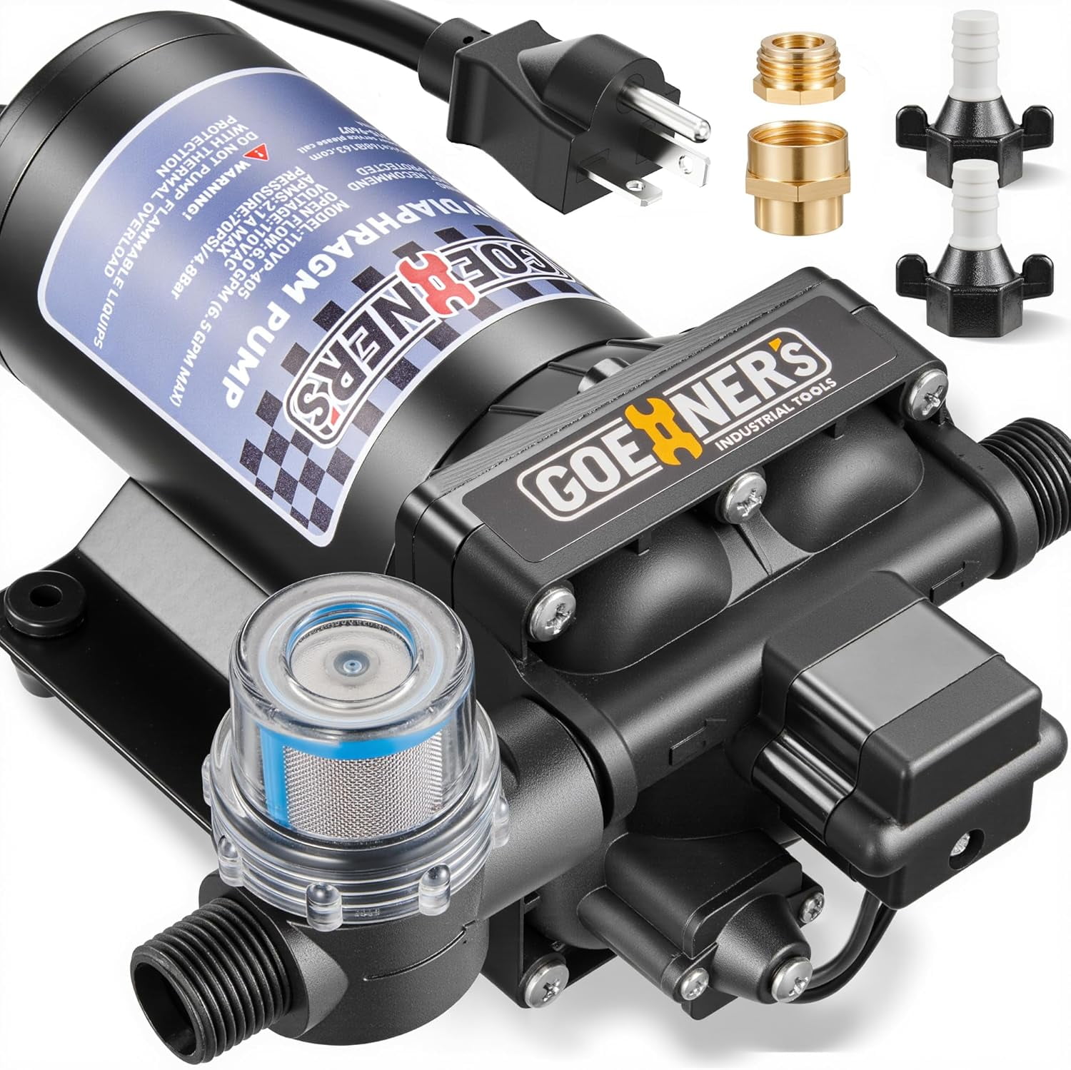 YIXUAN 110V AC Fresh Water Pump, 6GPM 70 PSI Self-Priming Diaphragm Water Pump with Power Plug, Pressure Switch, Brass Connector and Strainer, for Kitchen, Bathroom, Garden Hose