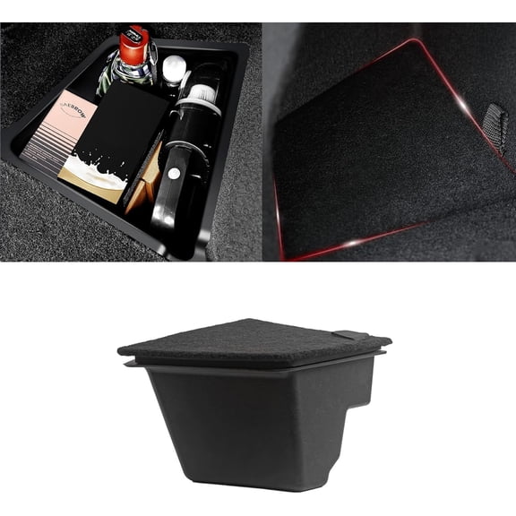 YIXUAN Black Rear Trunk Side Storage Grocery Box with Lid, Reinforced Handle & Partition Board – Compatible with Tesla Model 3 2017-2023