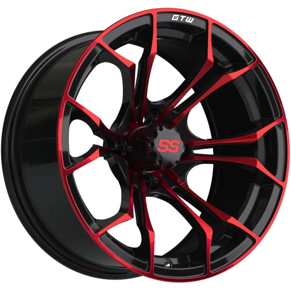 YIXUAN Spyder 15 Inch Aluminum Golf Cart Wheel 15x7, 4-4 Bolt, 3:4 Offset Red/Black