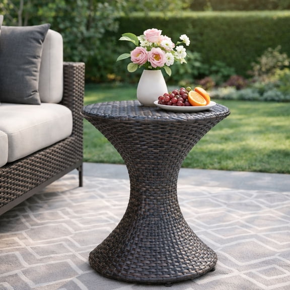 YIYADO 16" Multi-brown Wicker Hourglass Outdoor Side Table, Sturdy Iron Frame Patio Accent Table for Garden Backyard, No Assembly Needed
