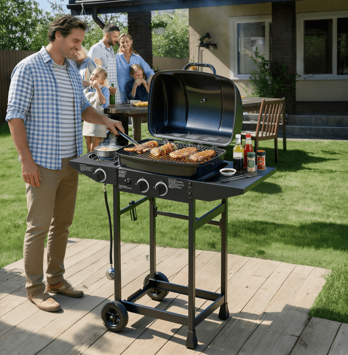 YIYADO 2-Burner BBQ Propane Gas Grill with Side Burner and Enamel Grill and Side Table, Stainless Steel Grill, Black, 24000 BTU