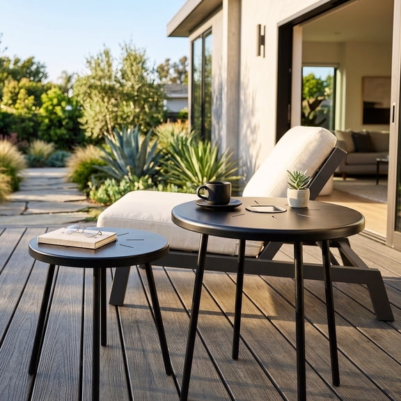 YIYADO 2-Pack Solar Powered Nesting Side Tables, Round Iron End Tables with Auto LED Lights, Space-Saving Accent Tables for Indoor Outdoor Patio Garden
