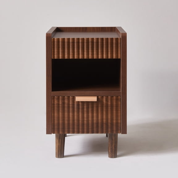 YIYADO 2 Pack Walnut Brown Fluted Wood Nightstands, Modern Bedside End Table with Drawer and Open Storage Cubby, Stable Integrated Base Side Table for Bedroom Living Room Home Decor