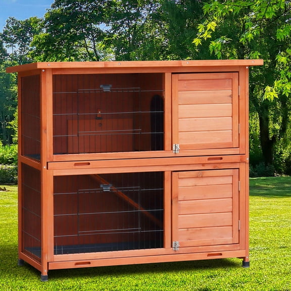 YIYADO 2-Tier Indoor & Outdoor Rabbit Cage with Run, Waterproof Roof & 2 Leak-Proof Removable Trays for Small Animals