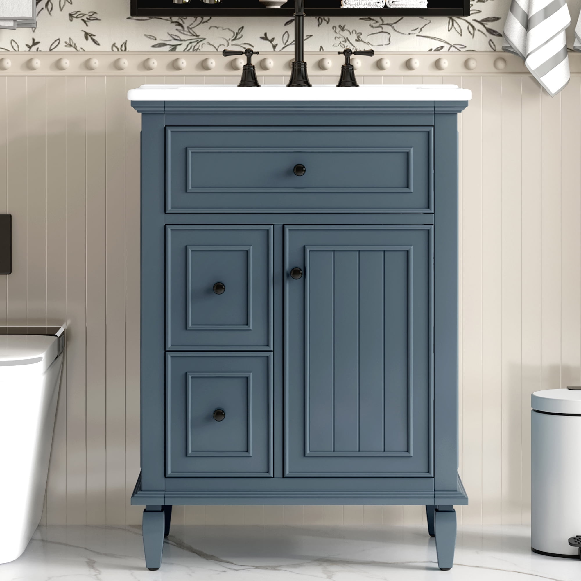 YIYADO 24" Bathroom Vanity with Sink, Bathroom Vanity Cabinet with One Flip Drawer and Two Drawers, Adjustable Shelf, Solid Wood and MDF, Blue