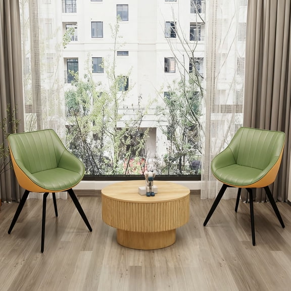 YIYADO 29.53 "MDF modern round coffee table and 2 PU dining chairs set, ring-striped design & storage space dining table and black metal leg dining chairs