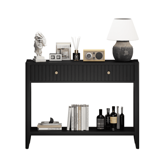 YIYADO 29.53" Tall Console Table with Drawers, Black Narrow Wood Entryway Sofa Table with Open Storage Shelf, Multifunctional Accent Table for Hallway Living Room Office