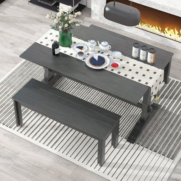 YIYADO 3-Piece Dining Set, Rectangular Trestle Table and 2 Wood Benches for 4 People for Living Room and Kitchen (Grey)
