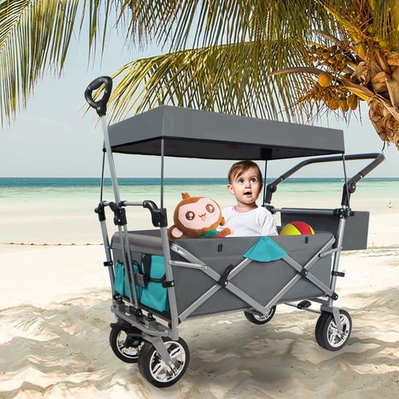 YIYADO 3-in-1 Foldable Wagon, 150 lb. Removable Top, Large All-Terrain Beach Wheels and Drink Holder, Gray