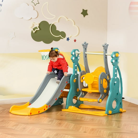 YIYADO 3 in 1 Slide and Swing Set with Basketball Hoop, Safe Playground Toy