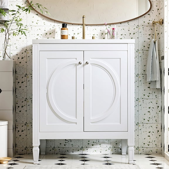 YIYADO 30" Bathroom Vanity with Ceramic Basin, Freestanding Bathroom Storage Cabinet, Two Soft-Close Doors and Adjustable Shelves, Modern Farmhouse Style, White