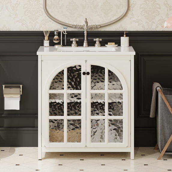 YIYADO 30" Bathroom Vanity with Ceramic Sink, Distressed Finish, Vintage Rustic Bathroom Cabinet with Bronze Pulls and 2 Soft Close Doors, Antique White