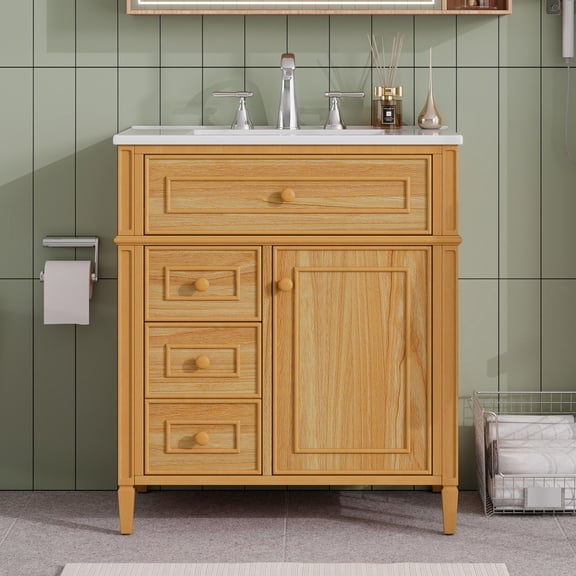 YIYADO 30" Bathroom Vanity with Sink Combination, Modern Bathroom Storage Cabinet Set with Flip Top Drawers and 1 Damper Door, Brown