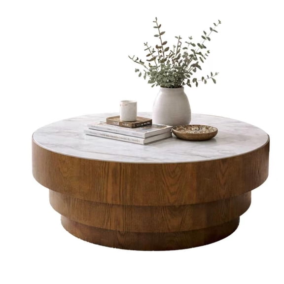 YIYADO 31.5 Inch Round Coffee Table, Modern Sintered Stone Top Tea Table with Tiered Wood Veneer MDF Base, Stable Low Profile Center Table, Neutral Accent Furniture for Living Room Apartment, White