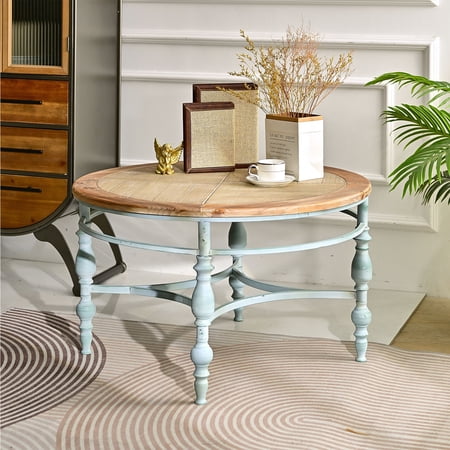 YIYADO 31.50 Inch Side Table, Round Coffee Table for Living Room, Rustic Wood Carved Coffee Table, Bedroom, Office, Blue