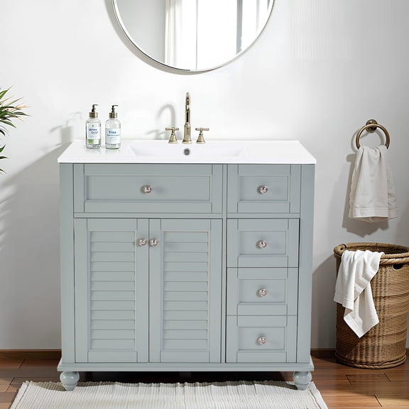 YIYADO 36" Bathroom Vanity with Ceramic Sink, Soft Drawers, Modern Freestanding Storage Cabinet, Solid Wood Frame, Blue