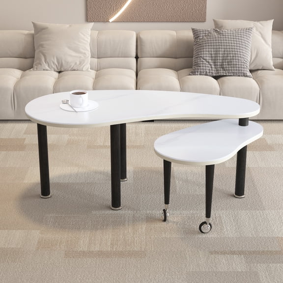 YIYADO 360 Rotatable Coffee Table, Sintered Stone Top Nesting Table with Storage, Wooden Legs