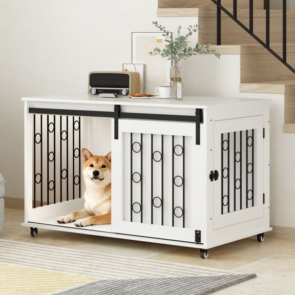 YIYADO 39.37" Modern Wooden Dog Crate Furniture with Sliding Barn Door & Side Door, Decorative Pet Cage with Lockable Wheels for Small to Medium Dogs White