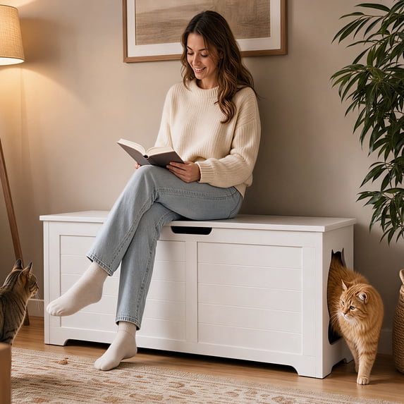 YIYADO 39.4" Top Opening Cat Litter Box Enclosure, White Hidden Litter Box Cabinet, Dog Proof Cat Washroom, MDF Heavy-Duty Side Table with 150LBS Max Load for Large Indoor Cats